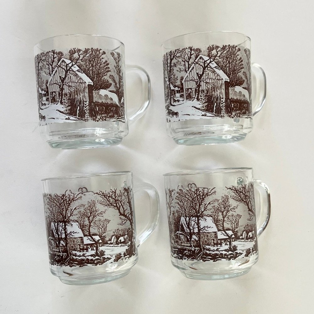 Vintage Currier & Ives glass mugs, set of 4